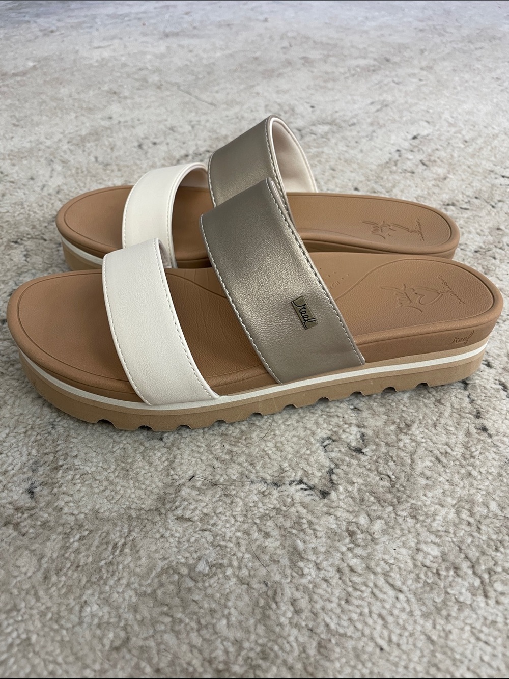 Reef Women's Dual-Strap Slides in White and Metallic Silver - Picture 3 of 17